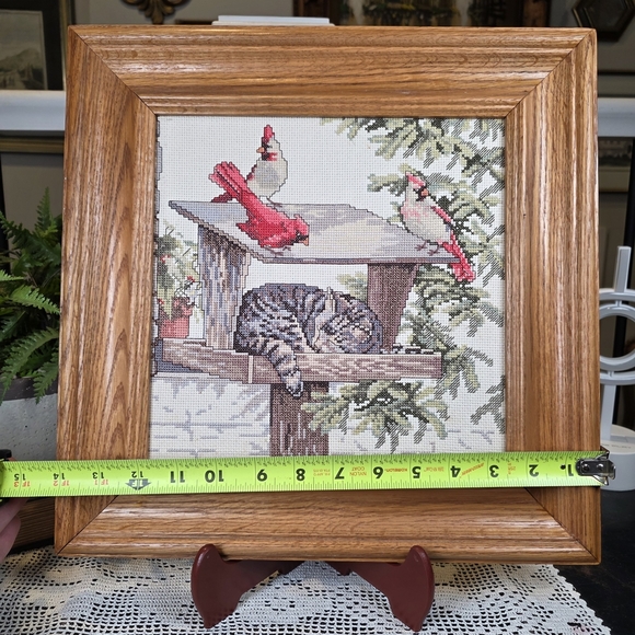Finished Cross Stitch Cat Cardinal Art 14" Frame Needle Treasures Caught Napping - Picture 7 of 9
